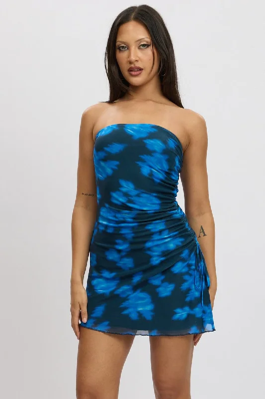 women's maternity dressesBlue Abstract Strapless Dress Mini Mesh