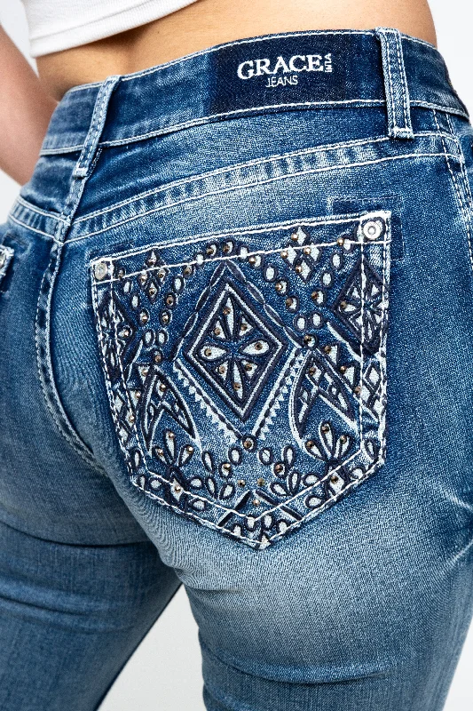 women's denim jeans for a night outAztec 3D Embellished Mid Rise Bootcut Rhinestone Jeans