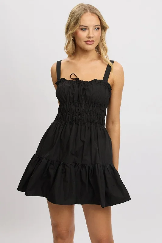 women's solid color dressesBlack Fit And Flare Dress Mini Poplin