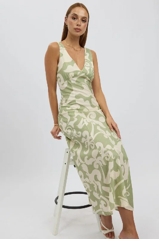 women's apple-shaped body dressesGreen Abstract Midi Dress V Neck Sleeveless