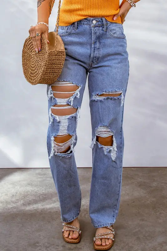 women's denim jeans with buttonsSky Blue Distressed Boyfriend Jeans