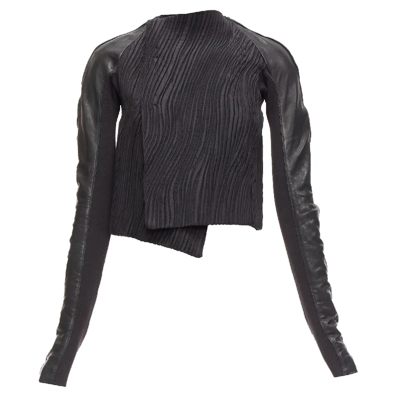 women's coats for snowboardingRick Owens leather sleeves textu quilted silk wrap jacket