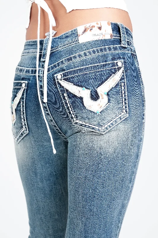 women's denim jeans for a vintage styleHorns Modify Horse hide Trims Embellished Mid Rise Bootcut Jeans