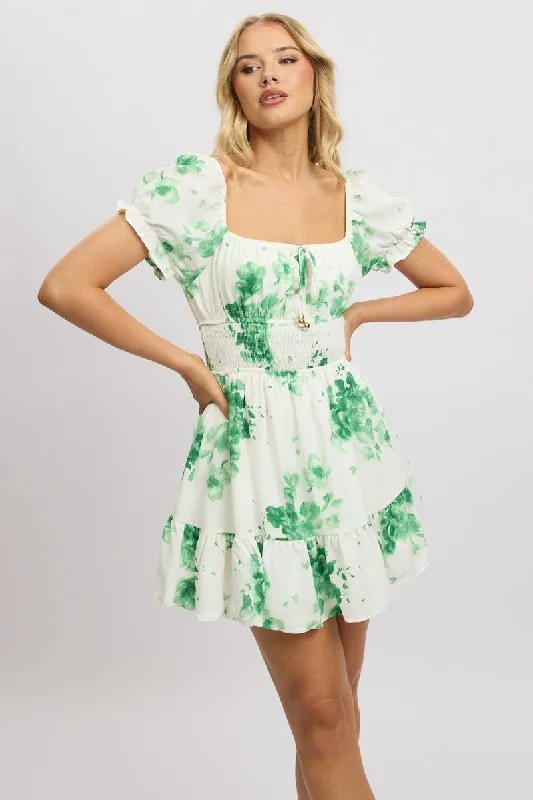 women's denim dressesGreen Floral Fit And Flare Dress Mini