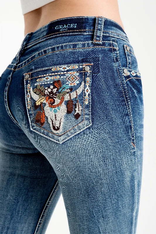 women's denim jeans for a stylish outfitSteer Head Colorful Embellished Low Rise Bootcut Jeans