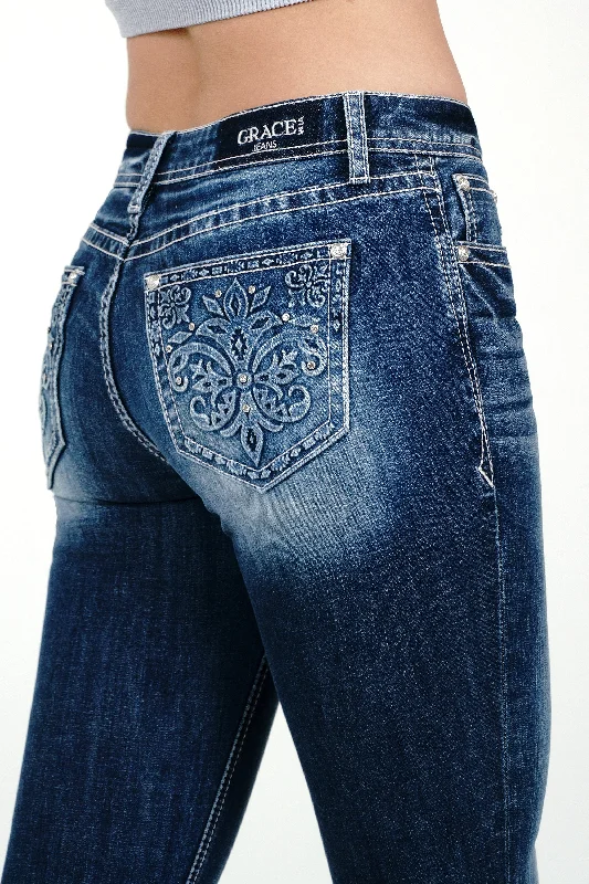 women's denim jeans for partiesFlu De Lee Mid Rise Rhinestone Pocket Jeans