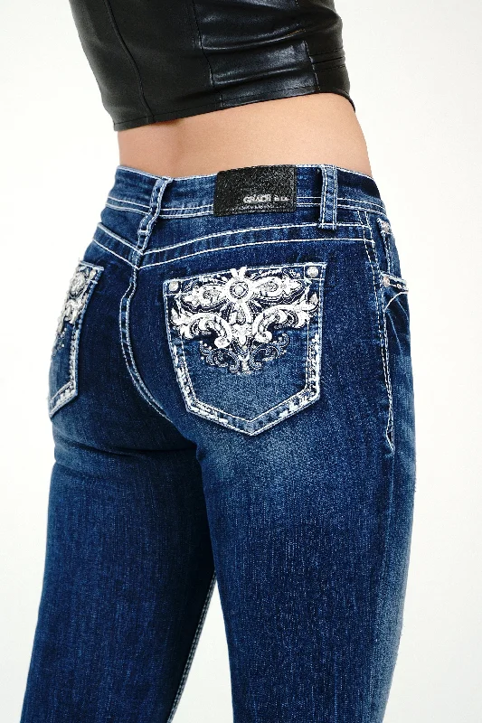 women's denim jeans with button-fly closureWestern Embellished Mid Rise Women's Bootcut Jeans