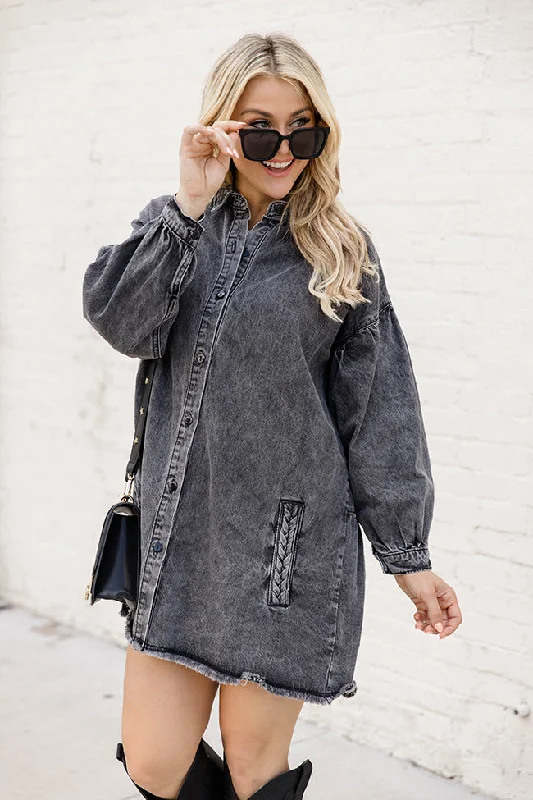 women's sleeveless dressesStart Looking Charcoal Chambray Long Sleeve Mini Dress FINAL SALE