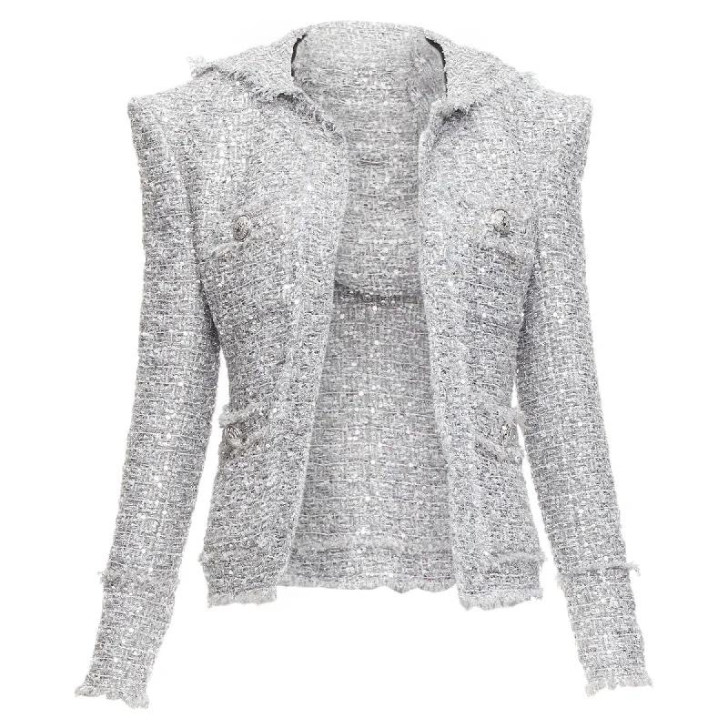 women's stylish coatsBalmain silver sequinned boucle tweed hooded power shoulder jacket