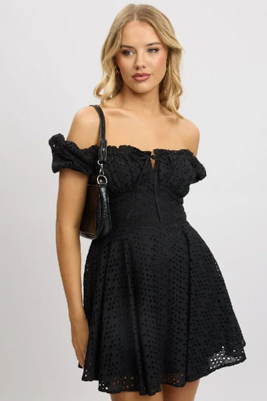 women's maternity dressesBlack Fit And Flare Dress Mini Eyelet Fabric