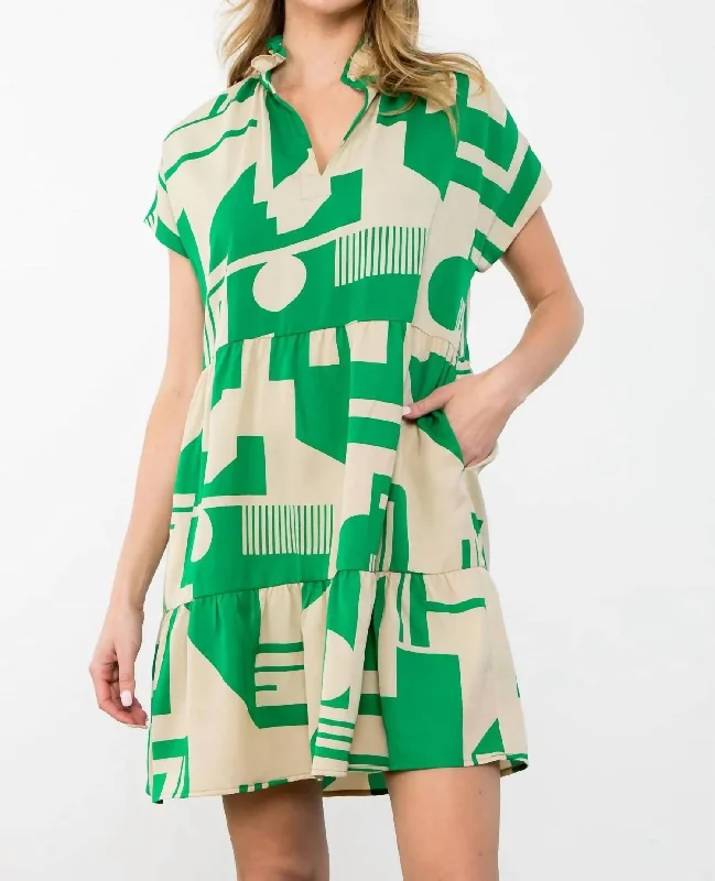 women's party dressesShort Sleeve Print Midi Dress In Green