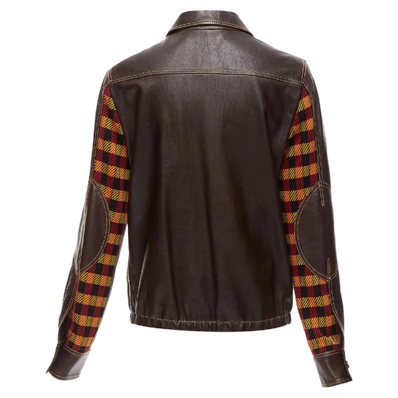 women's coats with embroidered patternsMarni lambskin leather overstitching plaid lined zip jacket