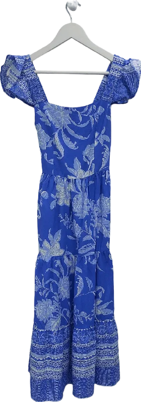 women's high-low dresseslipsy london Blue Ruffle Floral Belted Midi Linen Look Dress UK 6