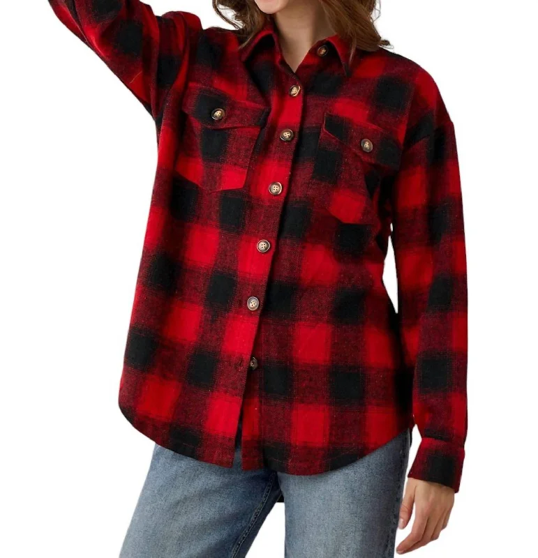 women's coats with lace detailingAndie Plaid Fringe Button Shacket In Red