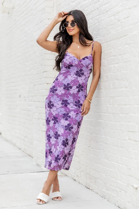 women's neon dressesLooking Good Purple Floral Tank Strap Midi Dress FINAL SALE