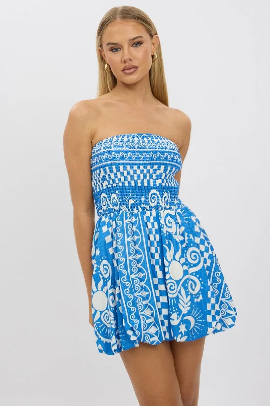 women's tall dressesBlue Abstract Balloon Mini Dress Strapless