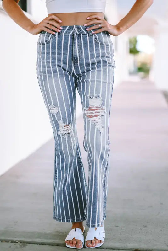 women's distressed denim jeansStriped Ripped Flare Jeans