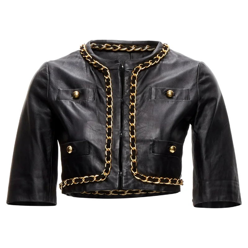 women's coats with adjustable sleevesMoschino Cheap Chic chain quilted leather cropped jacket