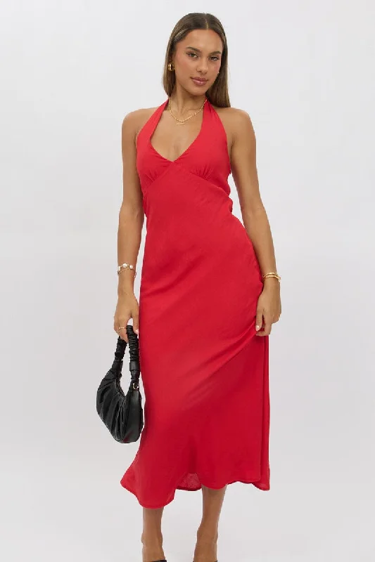 women's ruffle dressesRed Halter Neck Dress Midi