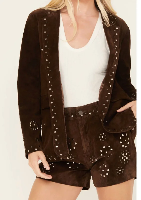 women's coats for minimalist aestheticsSuede Studded Jacket In Chocolate Brown