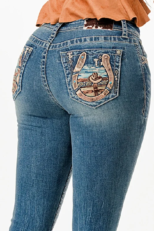 women's denim jeans with distressed thighsMountain View Colorful Embroidery Low Rise Bootcut Jeans