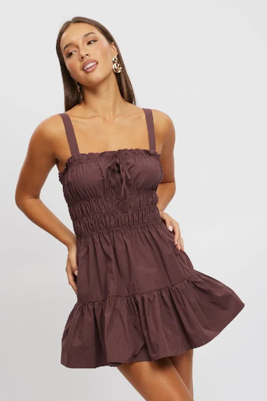 women's high-low dressesBrown Fit And Flare Dress Mini Poplin