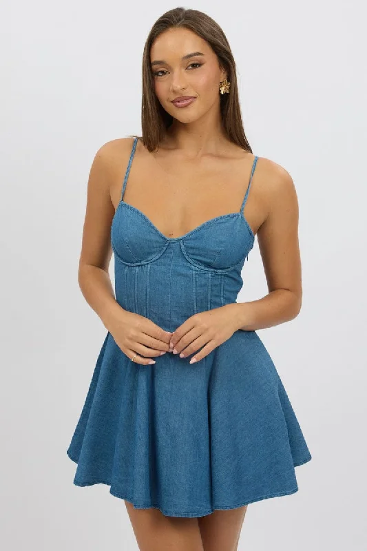 women's lightweight dressesBlue Fit And Flare Dress Mini