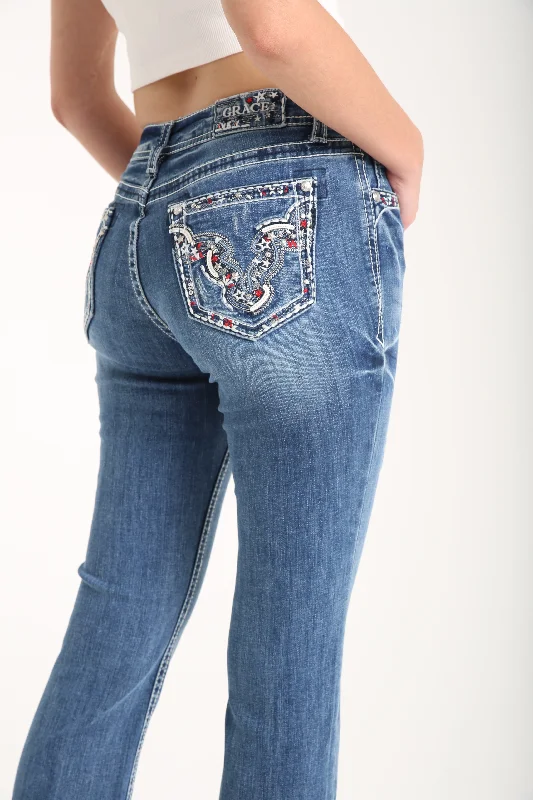 women's denim jeans for a day at the beachAmerican Steer Head Mid Rise Embellished Women's Bootcut Jeans