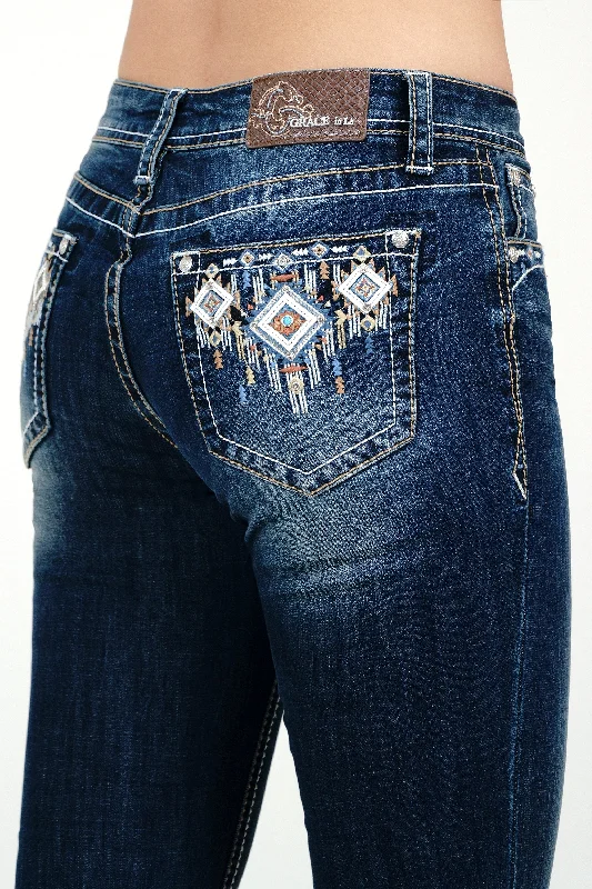 women's ankle-length denim jeansAztec Colorful Embroidered Mid Rise  Bootcut Jeans