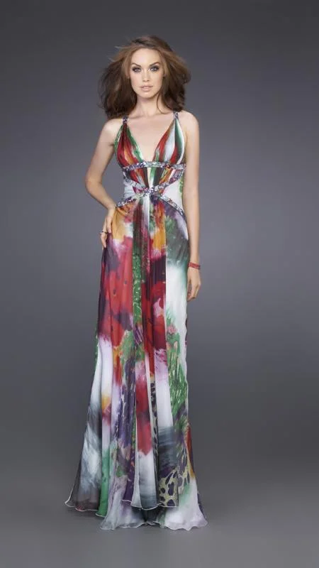 women's made-to-order dressesLa Femme - 15689 Strappy Back Floral Print Evening Dress