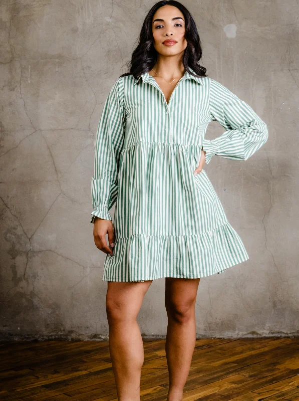 women's travel dressesAleesha Tiered Mini Shirtdress - Green Cabana Stripe