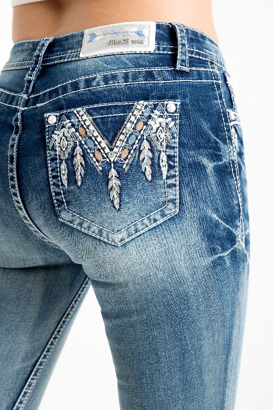 women's denim jeans with elastaneAztec/Feather Embellished Mid Rise Skinny Jeans