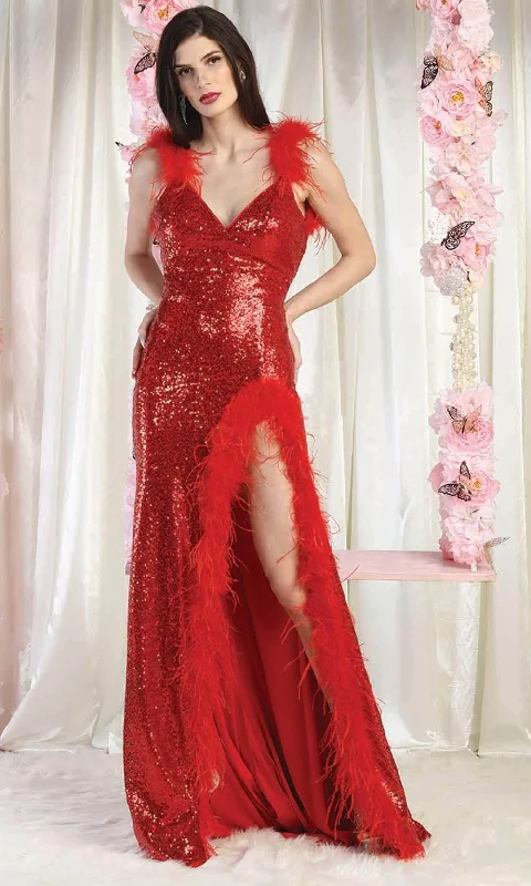 women's luxury dressesMay Queen RQ8007 - Feather Strap Backless Evening Gown