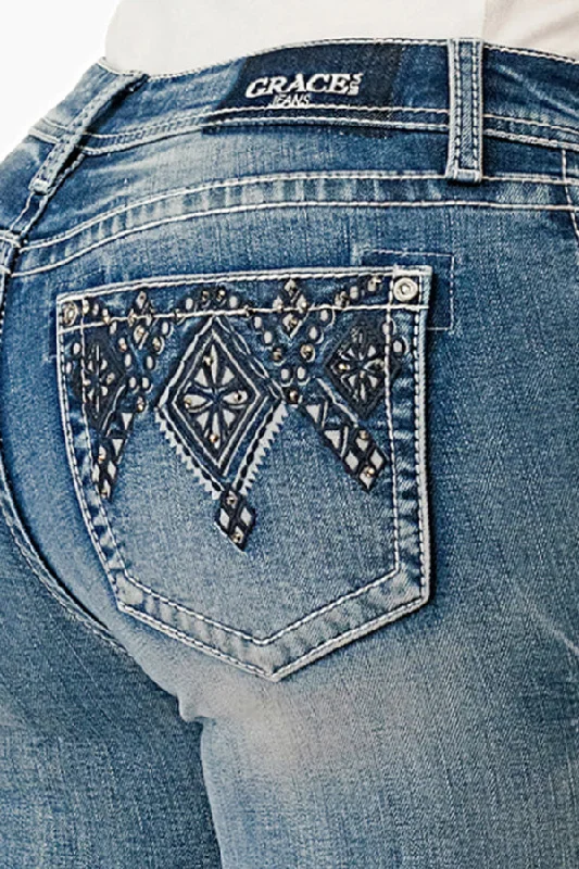 women's mid-rise denim jeansAztec Embellished Mid-Rise Bootcut Embellished Rhinestone Jeans