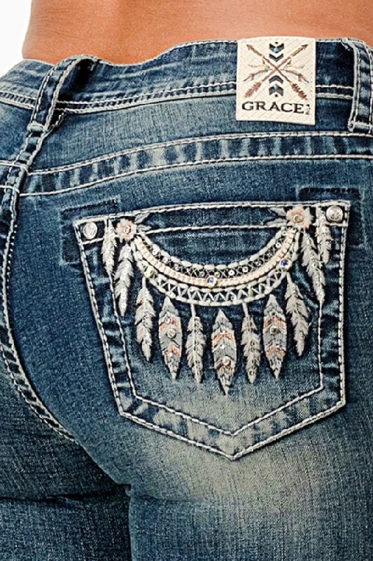 women's denim jeans for everyday wearNecklace Embellished Mid Rise Women's Bootcut Jeans