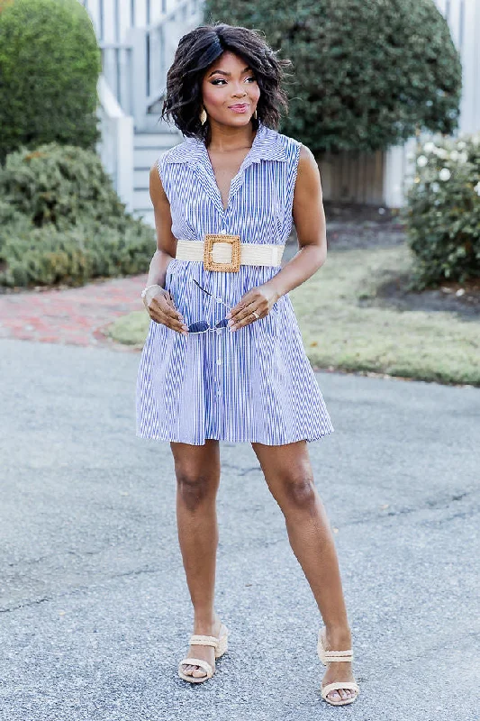 women's striped dressesA Little Prep In My Step Blue Stripe Collar Button Up Mini Dress FINAL SALE