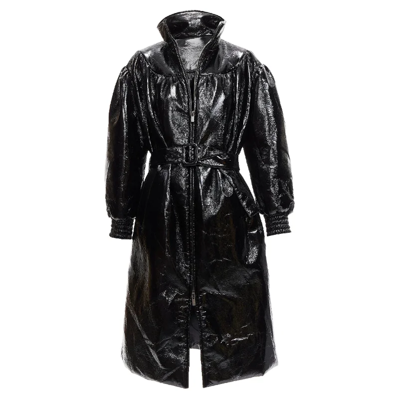 women's coats with sequin embellishmentsMiu Miu vinyl high collar puff sleeve belted bomber coat