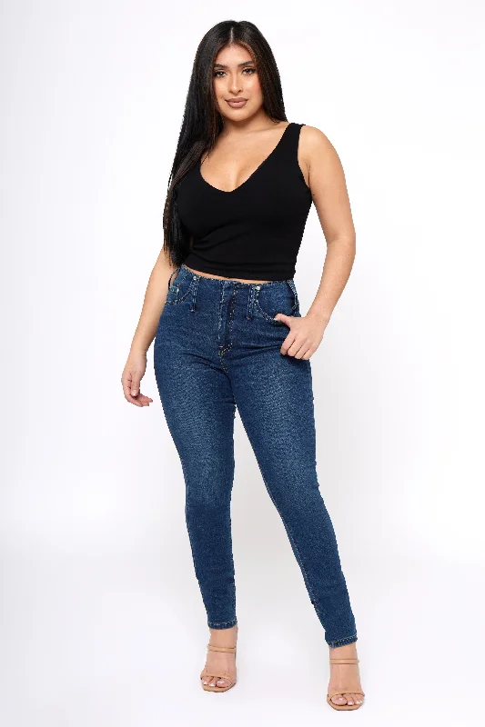 women's denim jeans with buttonsWaist No Time - Skinny Jeans