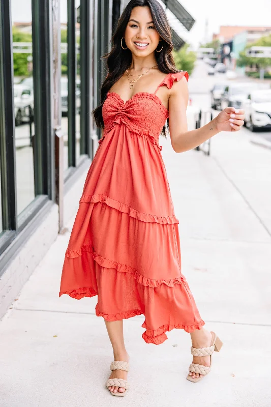 women's prom dressesBrand New Days Rust Orange Ruffled Midi Dress