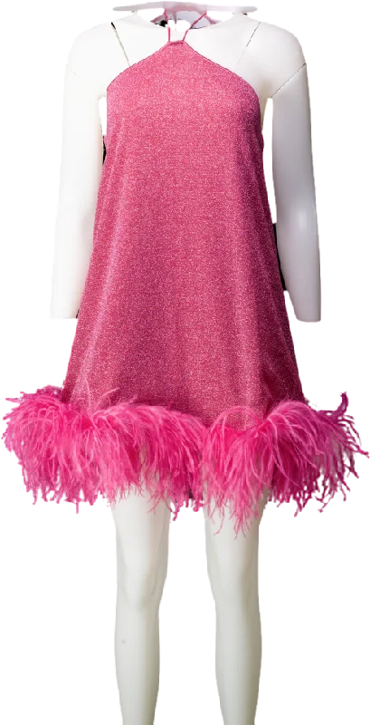 women's stretch dressesOséree Pink Lumiere Feather Trimmed Metallic Stretch-knit Halter Mini Dress UK S