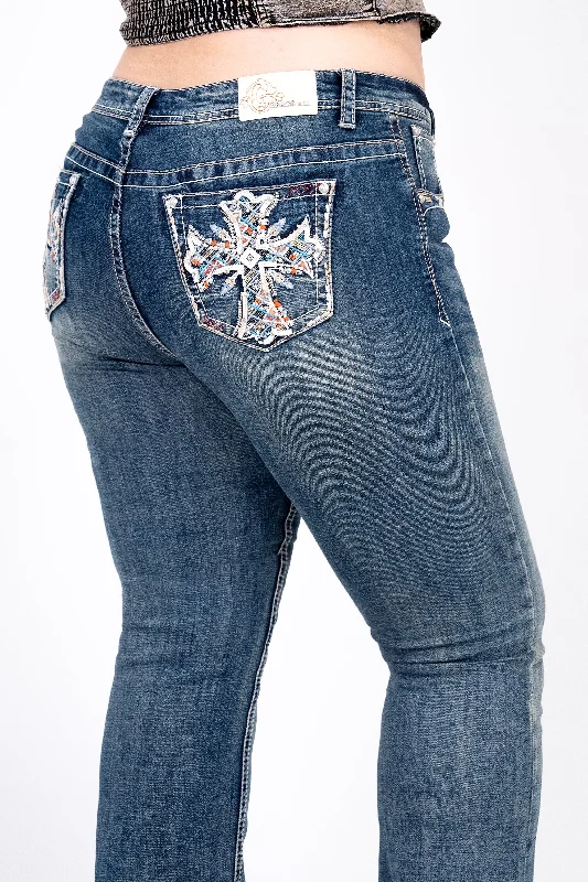 women's denim jeans with pocketsCross Embellished Women's Plus Size Bootcut Jeans