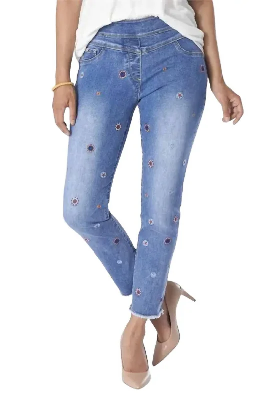 women's ankle-length denim jeansAsra Tummy Control Embroidered Denim Capris In Medium Wash