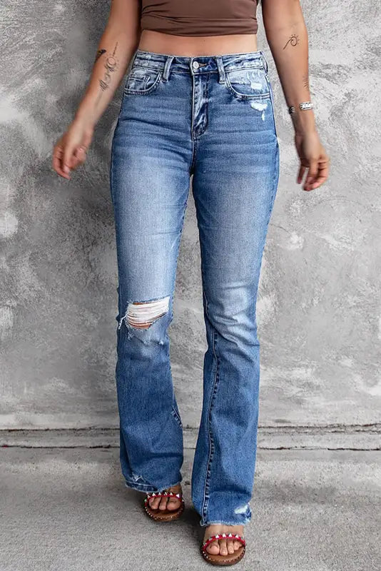 women's denim jeans with contrasting stitchingBlue Distressed Flare Jeans