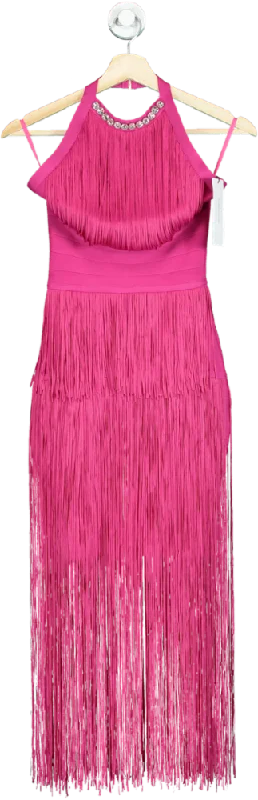 women's mother of the bride dressesKaren Millen Pink Bandage Fringe Knit Midi Dress UK XS