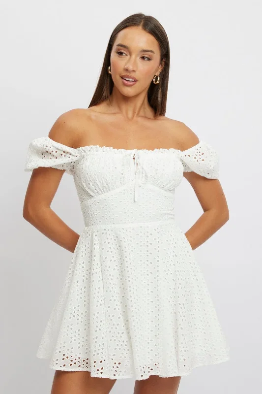 women's smart casual dressesWhite Fit And Flare Dress Mini Eyelet Fabric