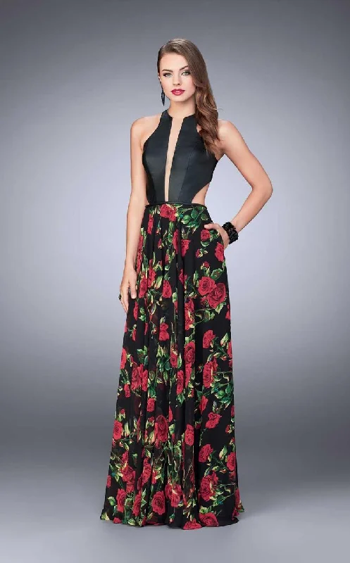 women's sheath dressesLa Femme - 24273 Enthralling Halter Floral Print A-Line Long Evening Gown