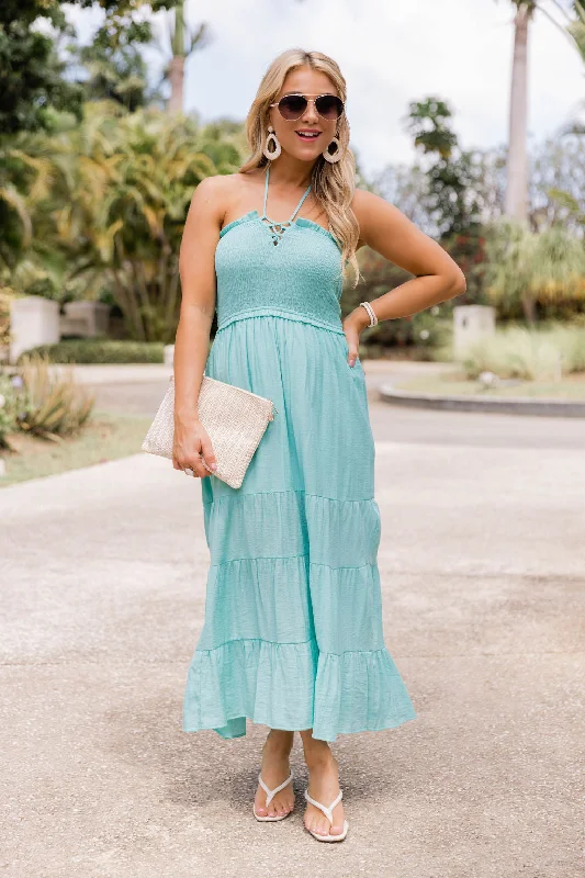 women's sleeveless dressesPretty And Poised Aqua Halter Midi Dress FINAL SALE