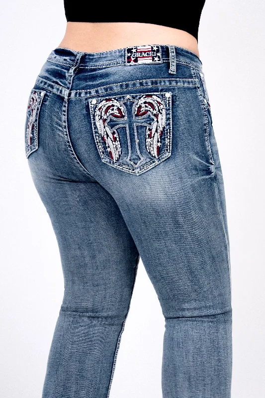 women's denim jeans with elastaneCross Wings Americana Embellished Plus Size Bootcut Jeans