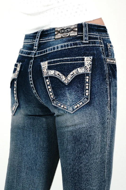 women's denim jeans for hourglass figuresBorder Stitches Faux Flap Mid Rise  Bootcut Jeans