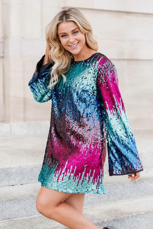 women's cinched-waist dressesNothing Left To Say Multi Color Sequin Bell Sleeve Mini Dress FINAL SALE